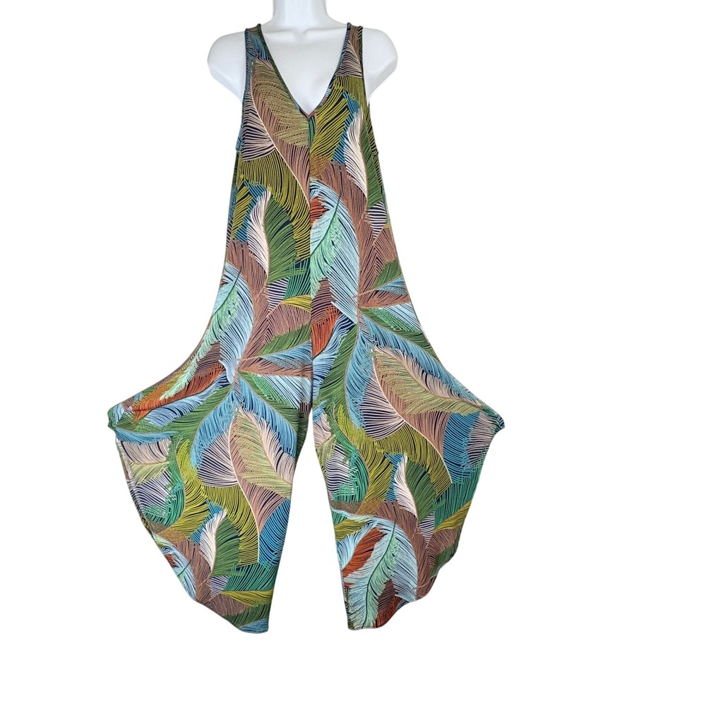 Everlily Womens Medium Tropical Palm Leaf Print Wide Leg Jumpsuit Green‎ Blue